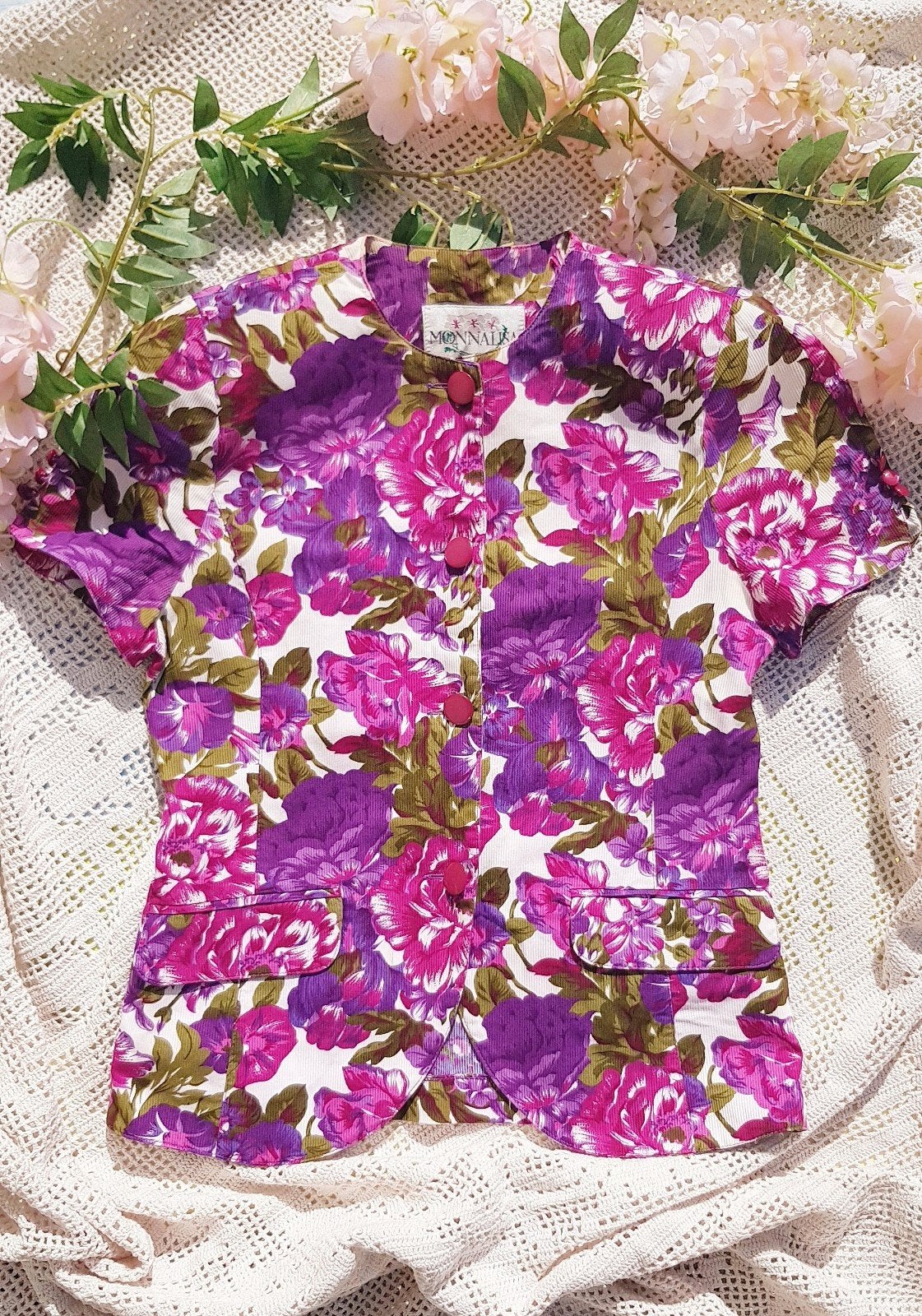 Top/veste 🌹 vintage fleurs violettes 🌹, Enlèvement ou Envoi, Comme neuf, Vintage, Taille 34 (XS) ou plus petite