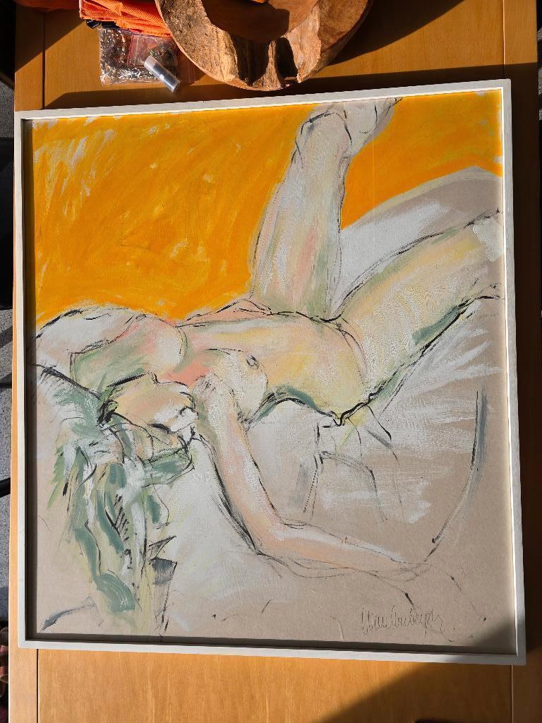 Naakte vrouw in aquarelverf inclu mooi groot kader, Antiek en Kunst, Kunst | Schilderijen | Modern, Ophalen