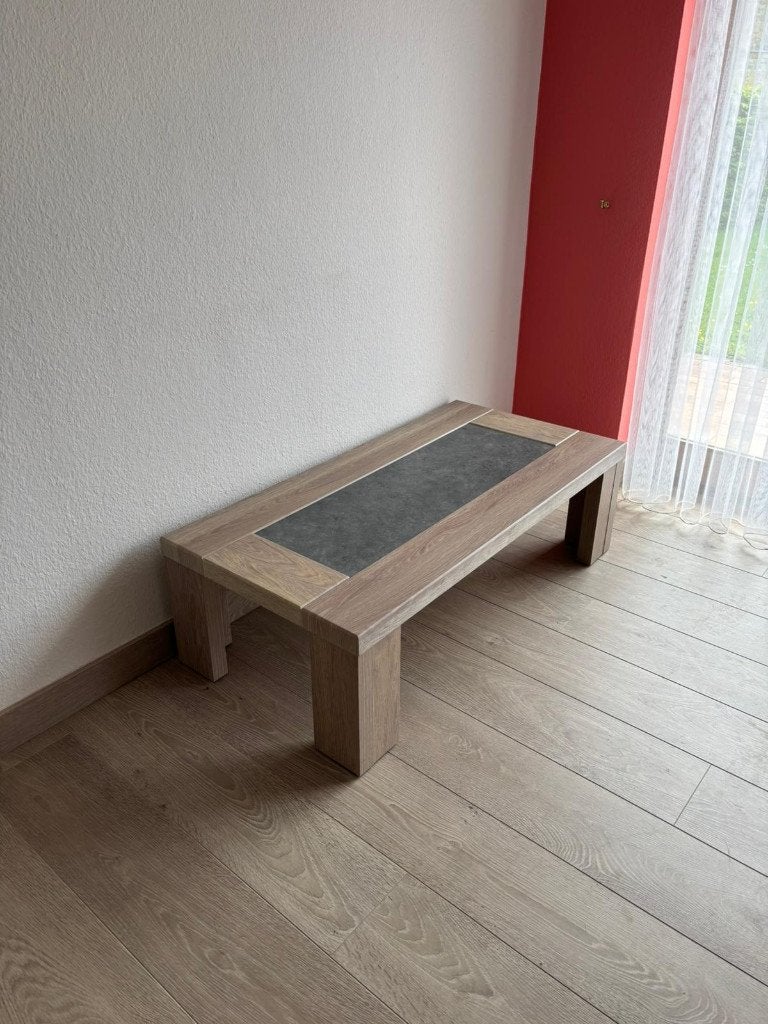 Table basse bois/pierre comme neuve, 100 à 150 cm, Comme neuf, Enlèvement, 50 à 100 cm