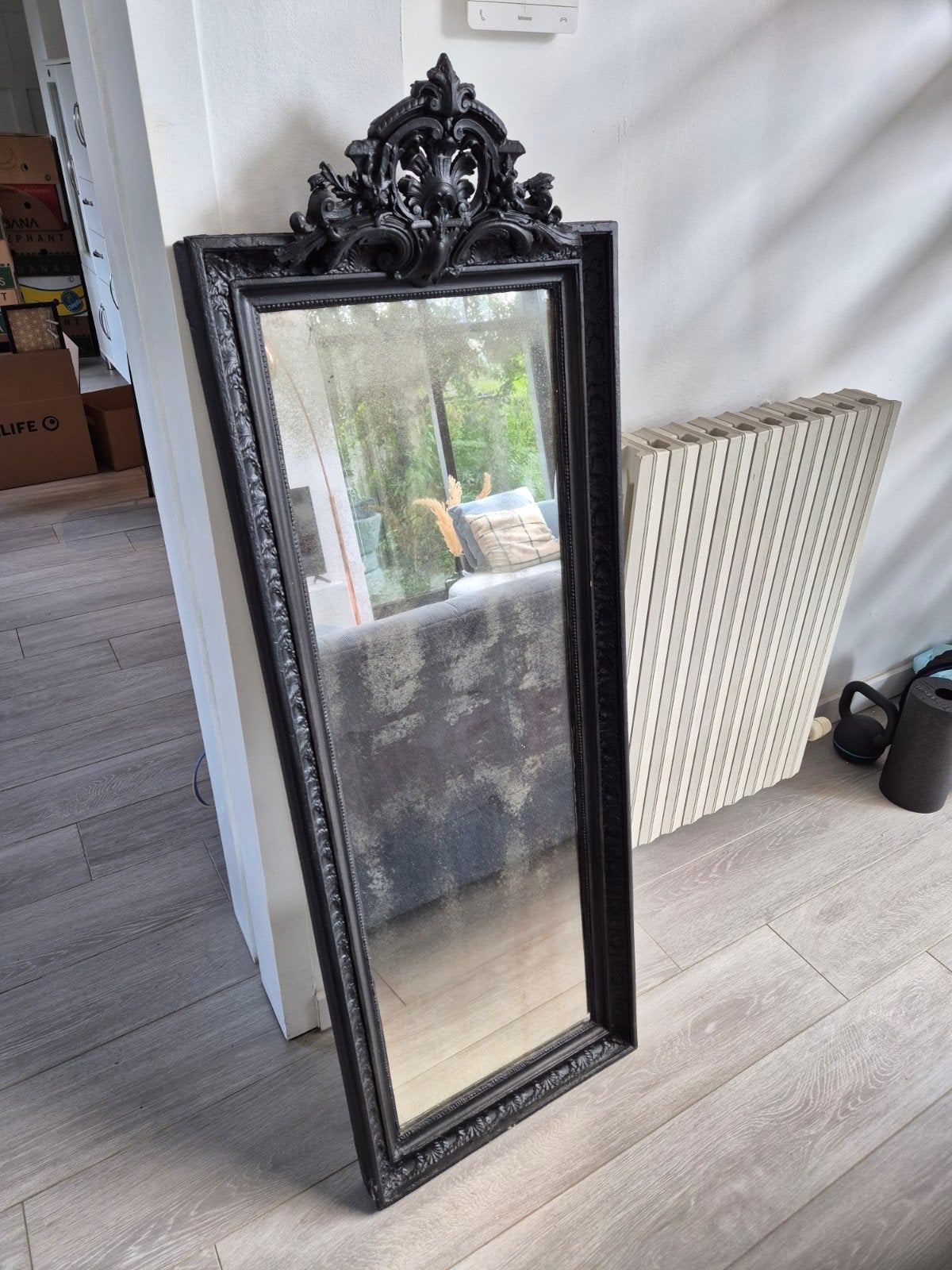 Gratis oude gerestaureerde spiegel ter decoratie, Antiek en Kunst, Ophalen, Rechthoekig, 50 tot 100 cm, 100 tot 150 cm