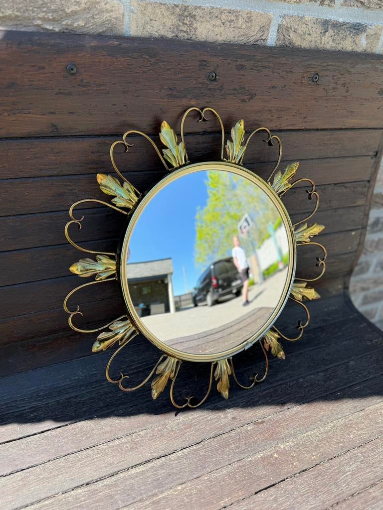 Vintage zonnespiegel bol glas De Knudt, Ophalen of Verzenden