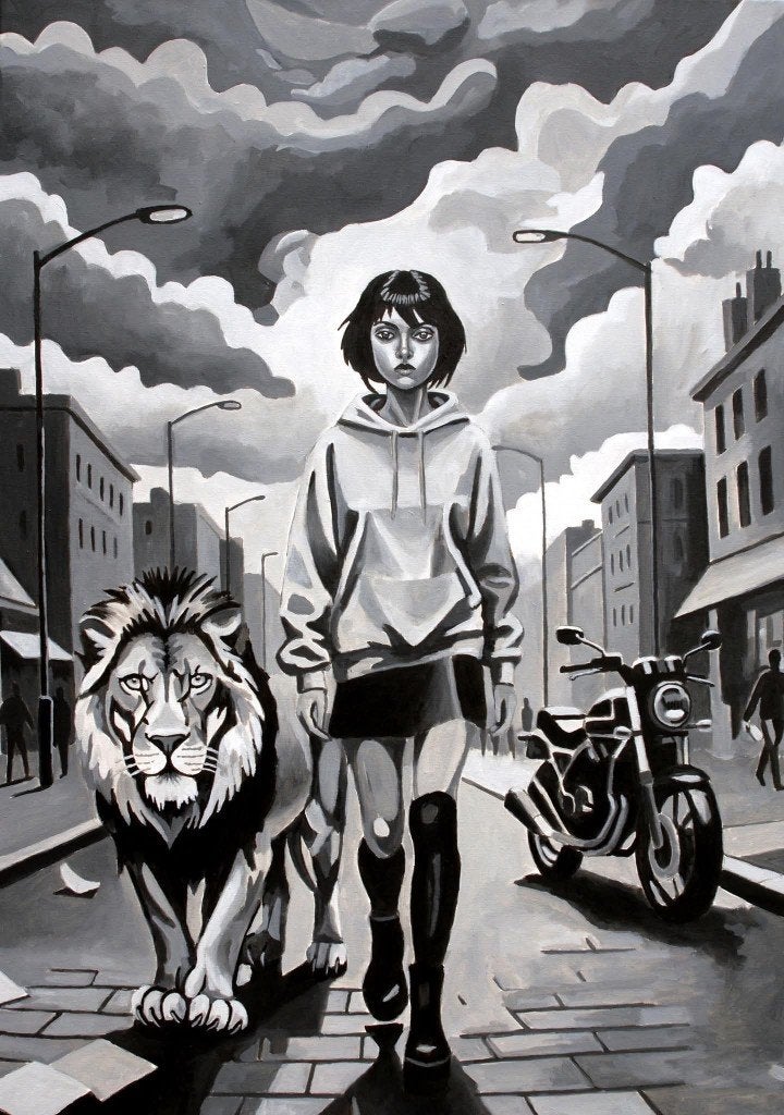 Walking with the lion, Antiek en Kunst, Ophalen, Acrylverf, Gesigneerd, Overige materialen