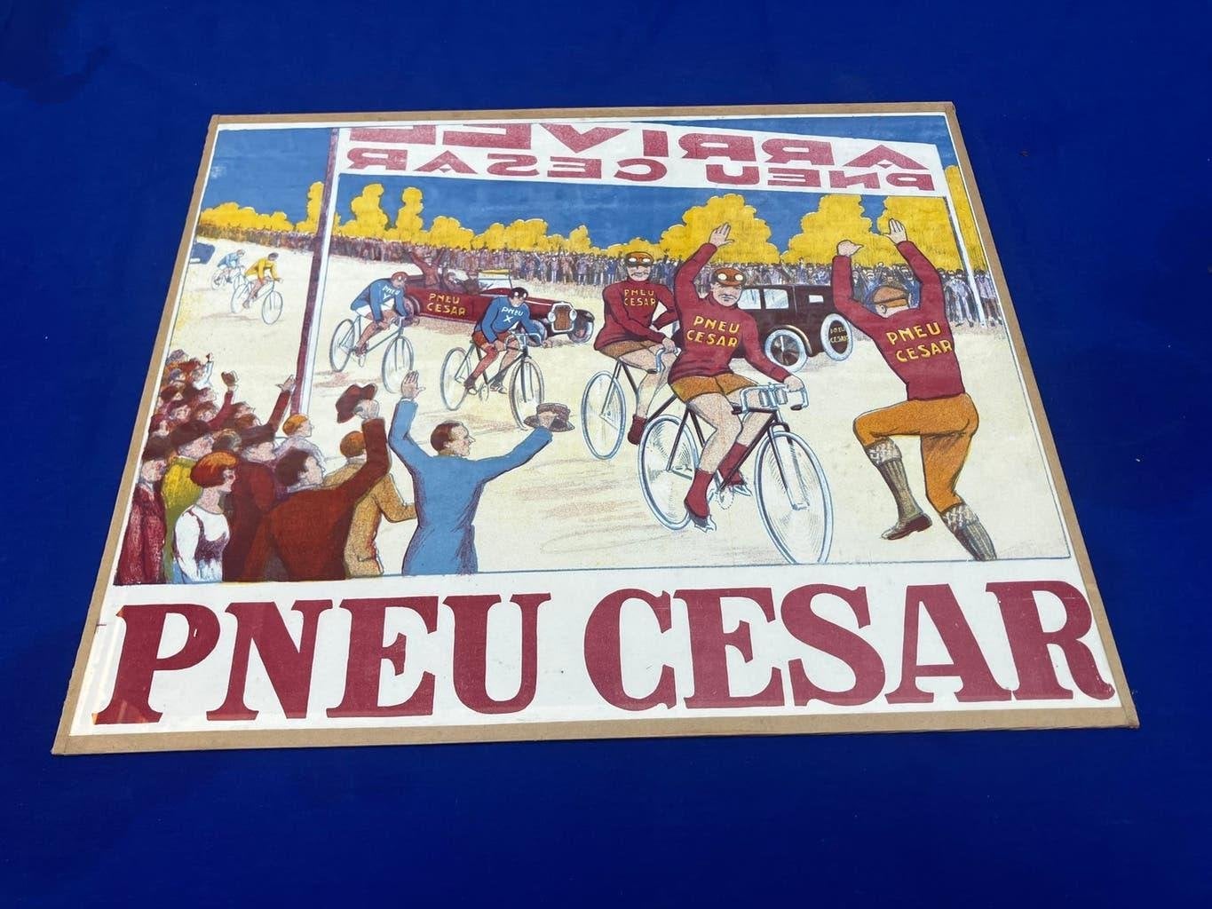 pneu césar publicité affiche publicitaire cyclisme, Verzamelen, Ophalen, Reclame