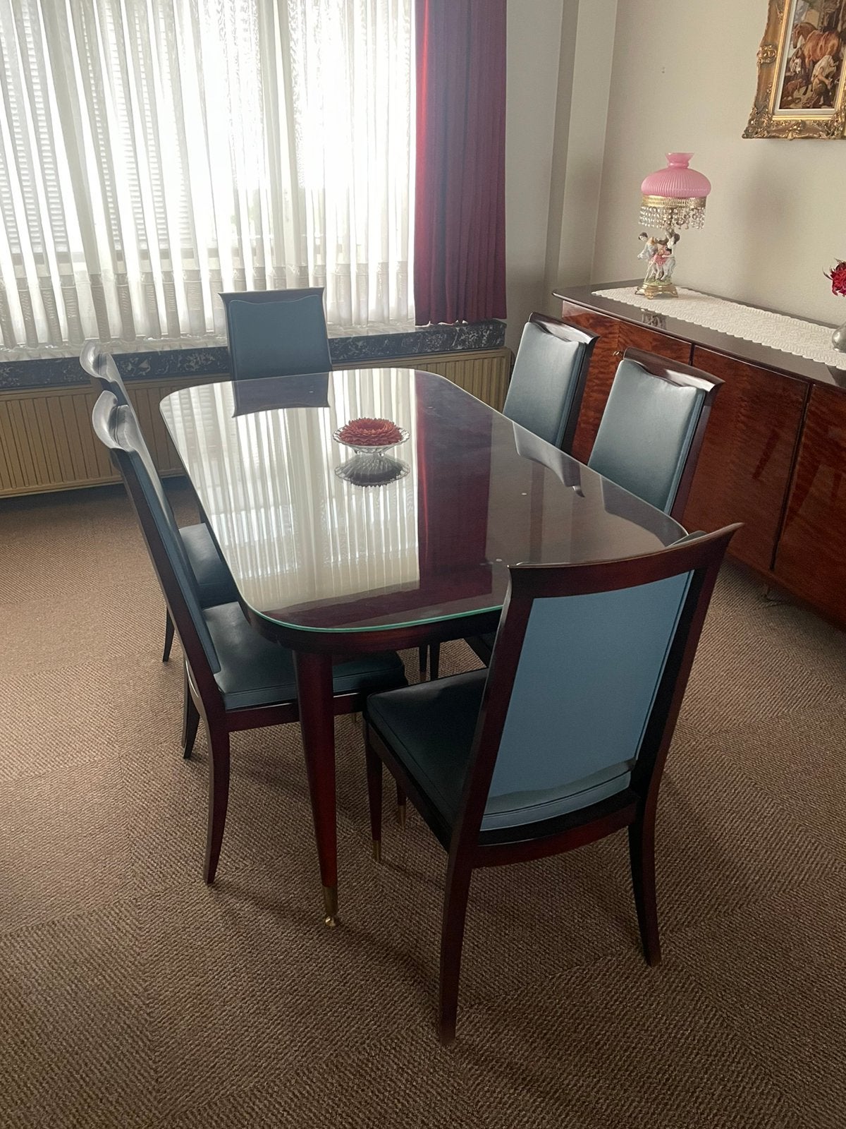 Eetkamertafel met zes stoelen in mahonie, Ophalen, Zo goed als nieuw