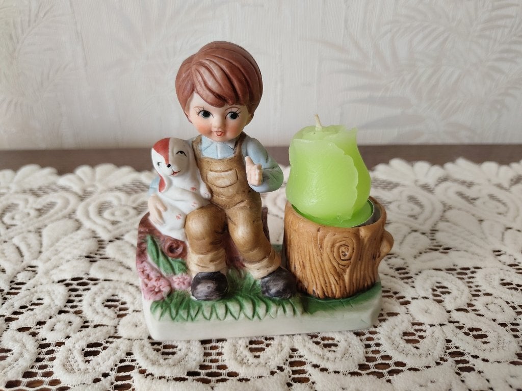 Kaarshouder jongen met hond (ca 12 cm), Enlèvement, Comme neuf, Autres types