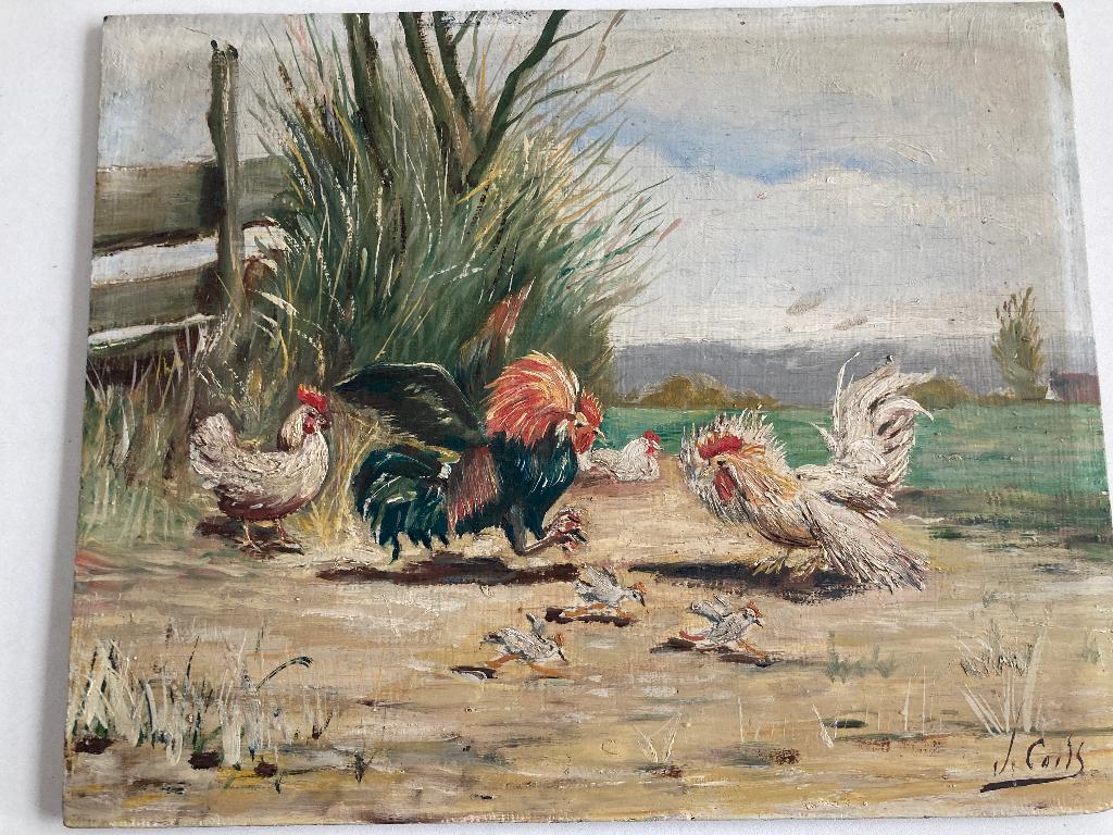 Schilderij boerderij tafereel met kippen, hanen en kuikens, Verzenden