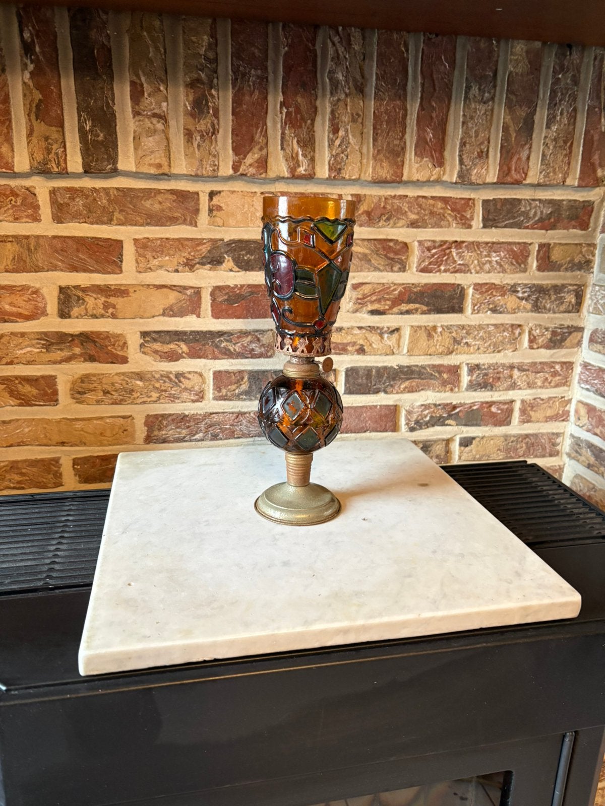 Vintage olielamp met amberkleurig glas, Antiek en Kunst, Ophalen