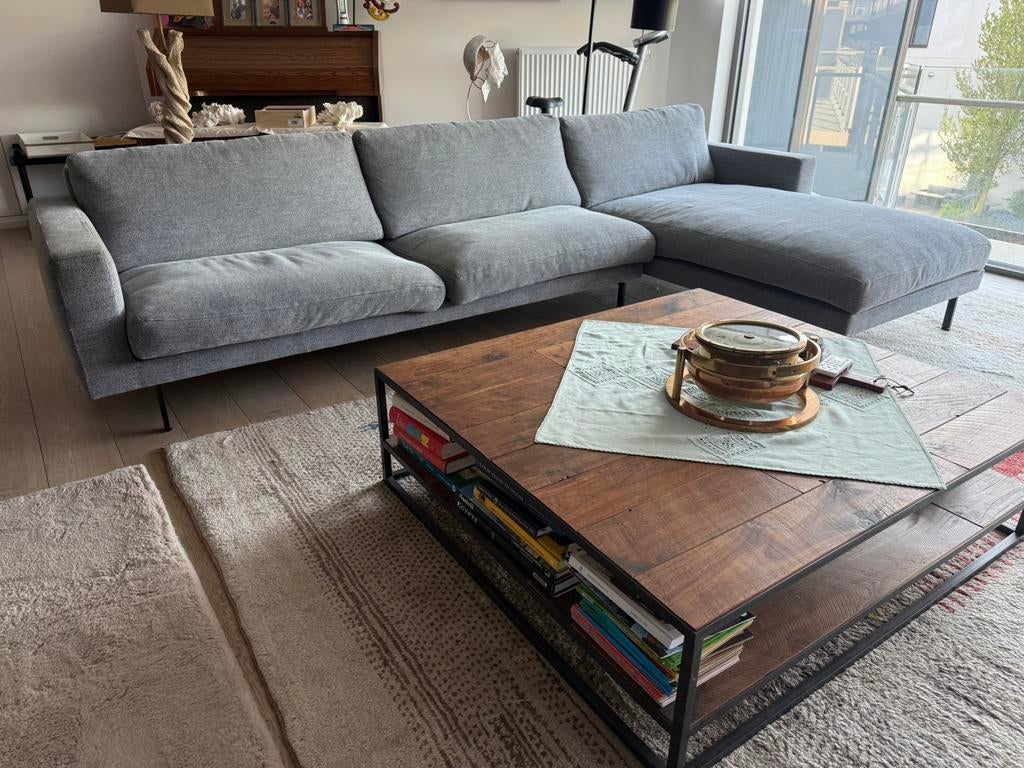 Hoeksalon in stof (gespikkeld grijs), Huis en Inrichting, Tafels | Salontafels, Zo goed als nieuw, 75 cm of meer, 50 tot 100 cm