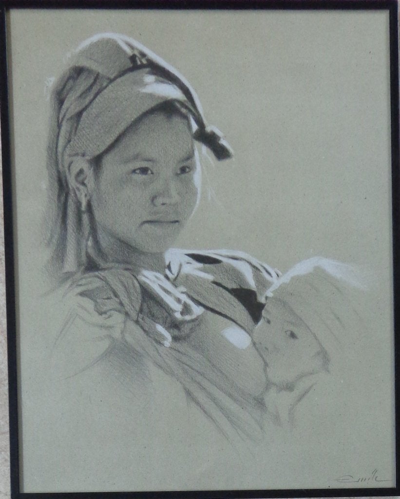EMILE / MOEDER & KIND / ORIGINEEL WERK / 51x41cm / KADER SIG, Achter glas, Figuren, Papier/karton, Ophalen of Verzenden
