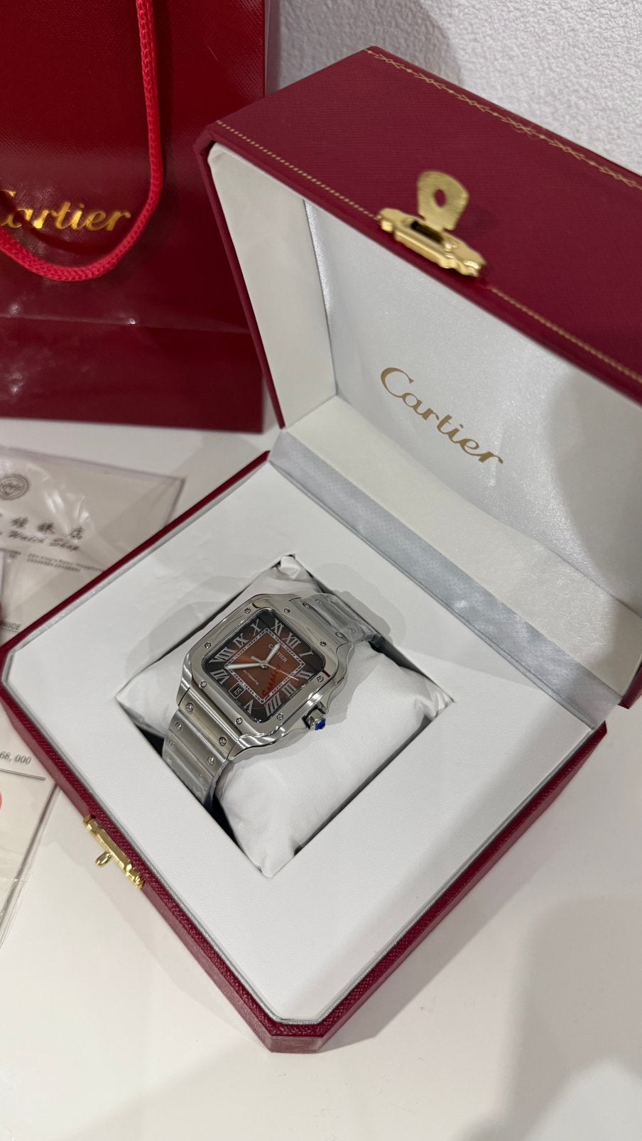 Montre Cartier Santos de Cartier brune 40 mm, Enlèvement ou Envoi, Étanche, Neuf, Argent