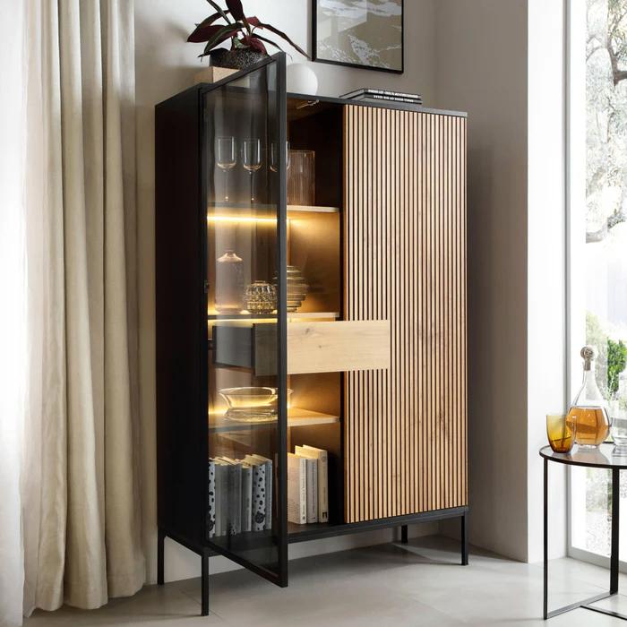 vitrinekast barkast + TV meubel zwart en eik met stalen deur, Enlèvement, Comme neuf, Verre