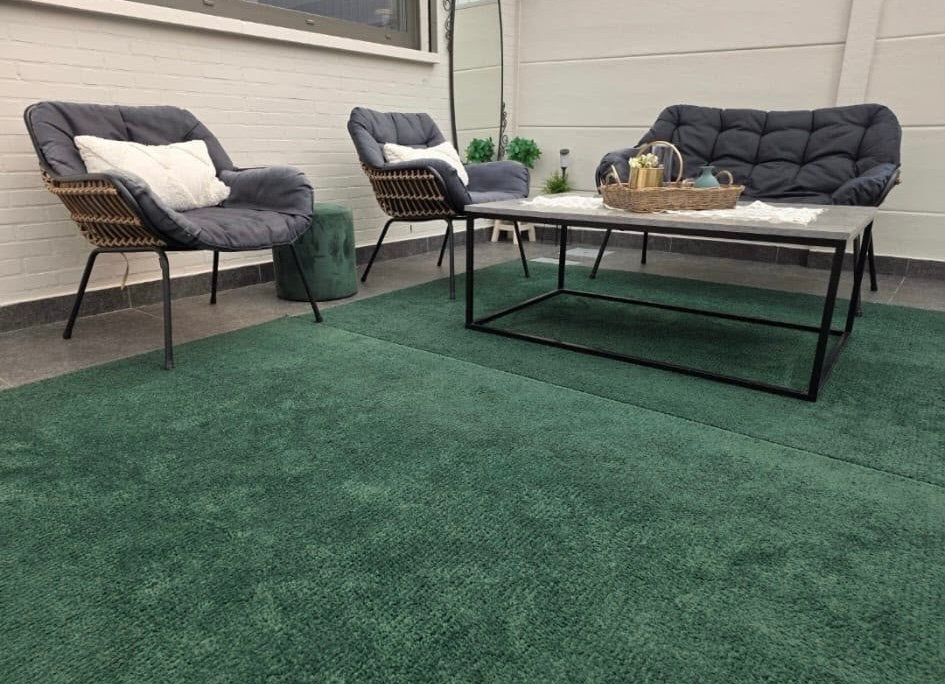 Terrasset zwart met rotan + grijze kussens, Ophalen, Gebruikt