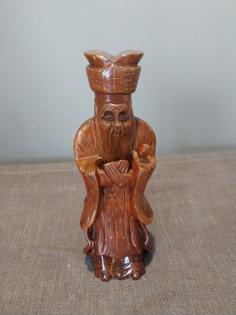 Aziatisch beeldje handgesneden - Chinese wijze man, Antiquités & Art, Art | Sculptures & Bois, Autres styles, Bois, Brun, Asie
