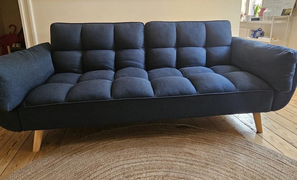 Canapé 3 places convertible clic-clac en tissu bleu, Enlèvement, Comme neuf, Trois personnes, Banc droit