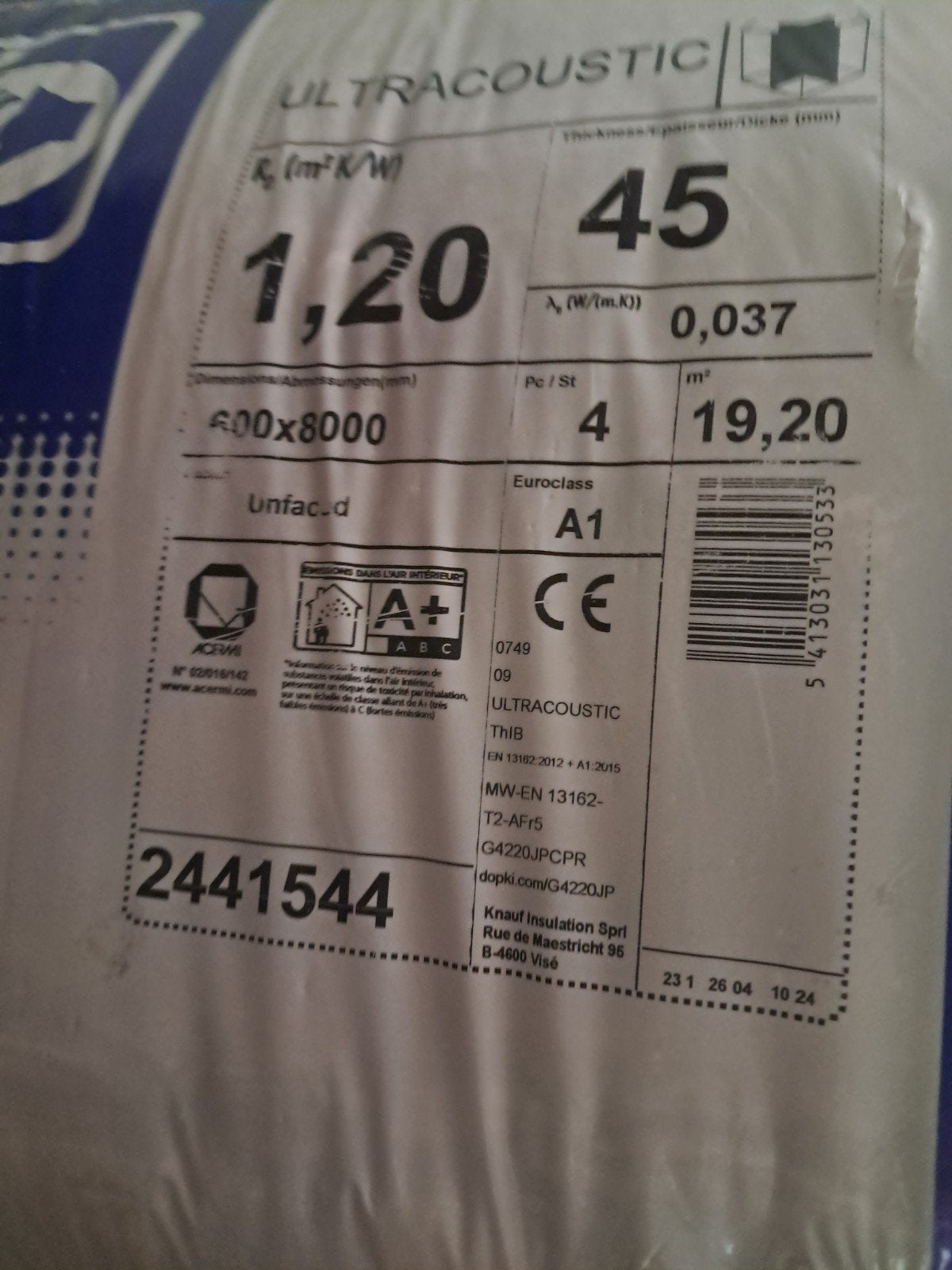 knauf acoustifit 4.5cm, Laine de verre, Enlèvement, 4 à 8 cm, Isolation des murs
