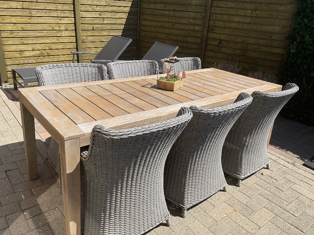 Tuintafel en zes stoelen, Ophalen, Gebruikt, Vierkant, Hout