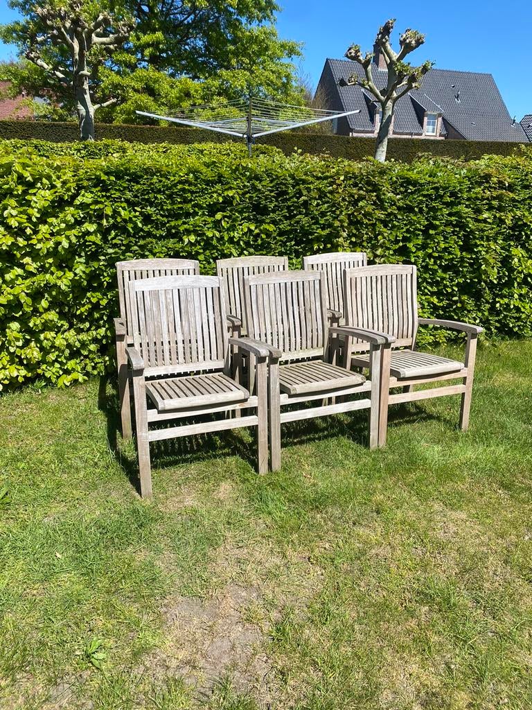 Tuinstoelen uit Teak 6 stuks stapelbaar, Tuin en Terras, Tuinstoelen, Ophalen, Gebruikt, Hout, Stapelbaar