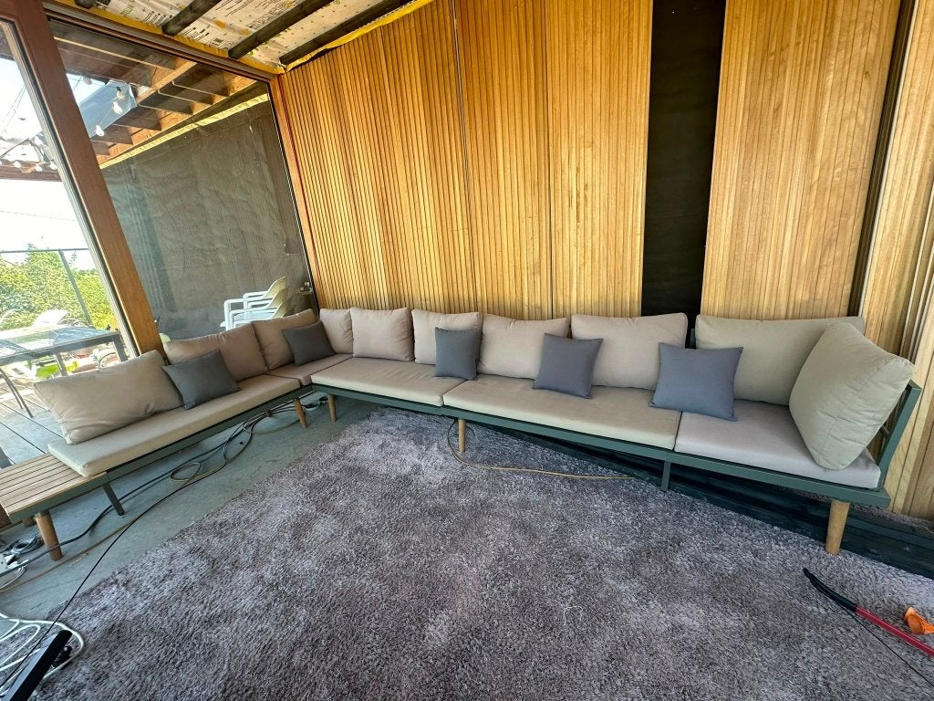 Moderne aluminium hoeklounge in goede staat!, Tuin en Terras, Ophalen, Gebruikt, Aluminium, 8 zitplaatsen