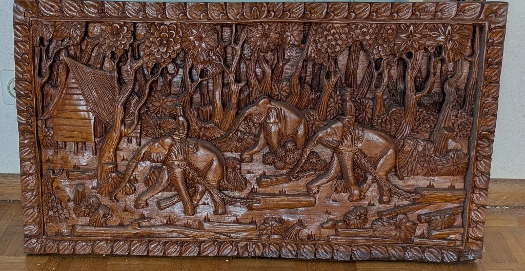 Handgesneden houten reliëfpaneel, Enlèvement, Bois, Décoration murale