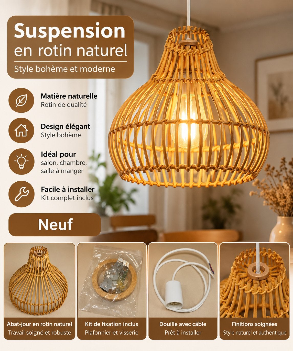 Suspension en rotin, Enlèvement, Comme neuf, Suspension