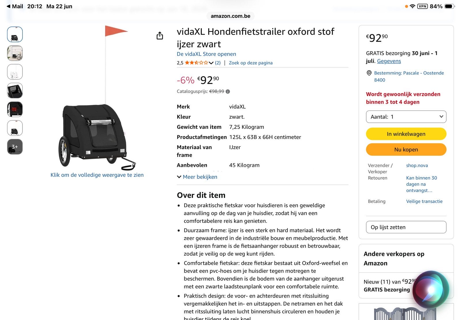 Fietskar honden zwart Vida XL, Ophalen, Nieuw