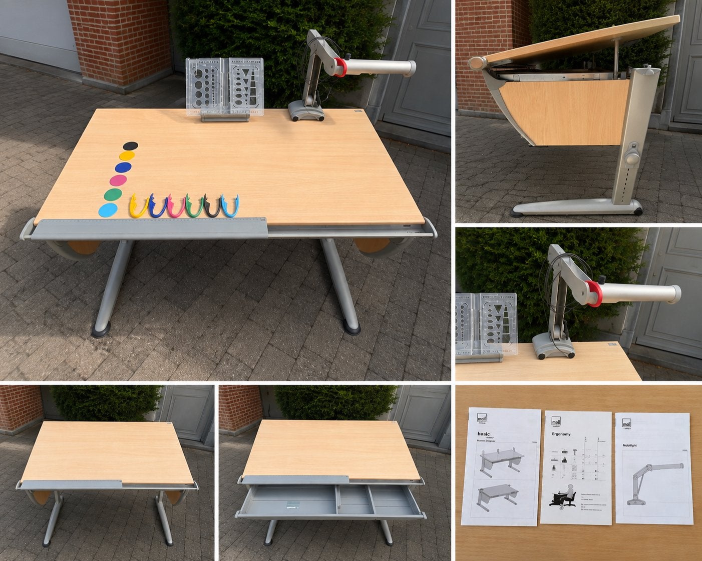 Moll Runner ergonomisch bureau met lamp en accessoires, Ophalen, In hoogte verstelbaar, Zo goed als nieuw