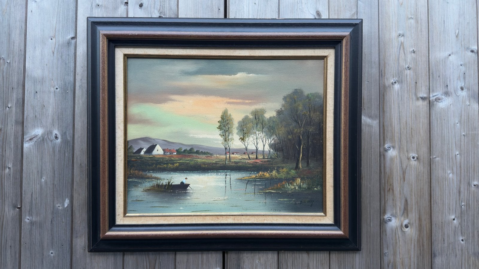 Vintage olieverfschilderij – landelijk landschap met visser, Enlèvement ou Envoi, Peinture à l'huile, Paysage, Signé