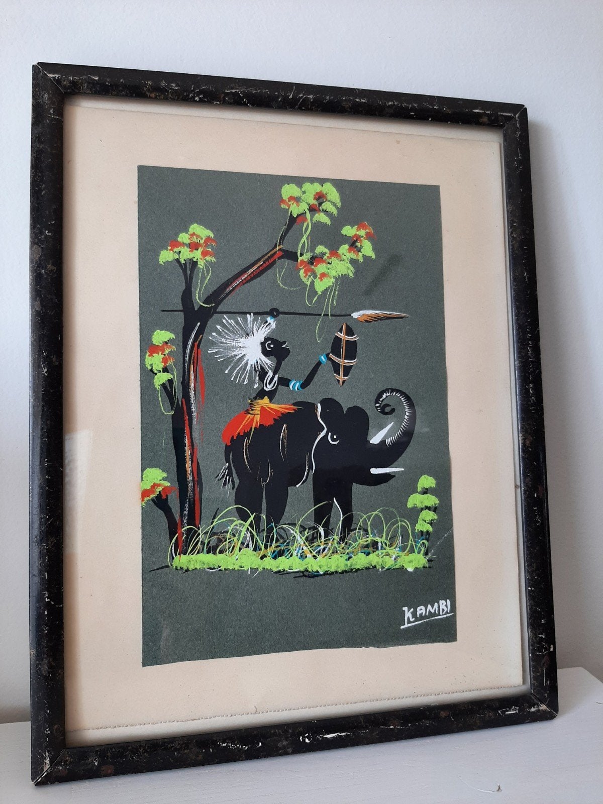 Handbeschilderd Afrikaanse volkskunst jaren 50, Antiek en Kunst, Ophalen of Verzenden, Glas, Gouache