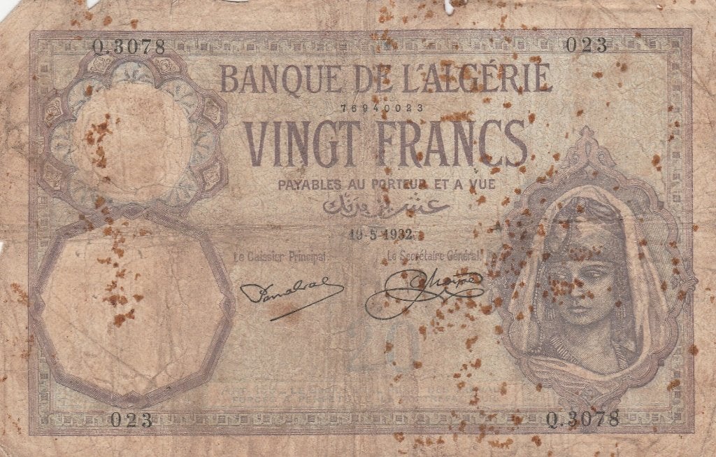 20 Francs Algerie 1932, Enlèvement ou Envoi, Autres pays, Billets en vrac