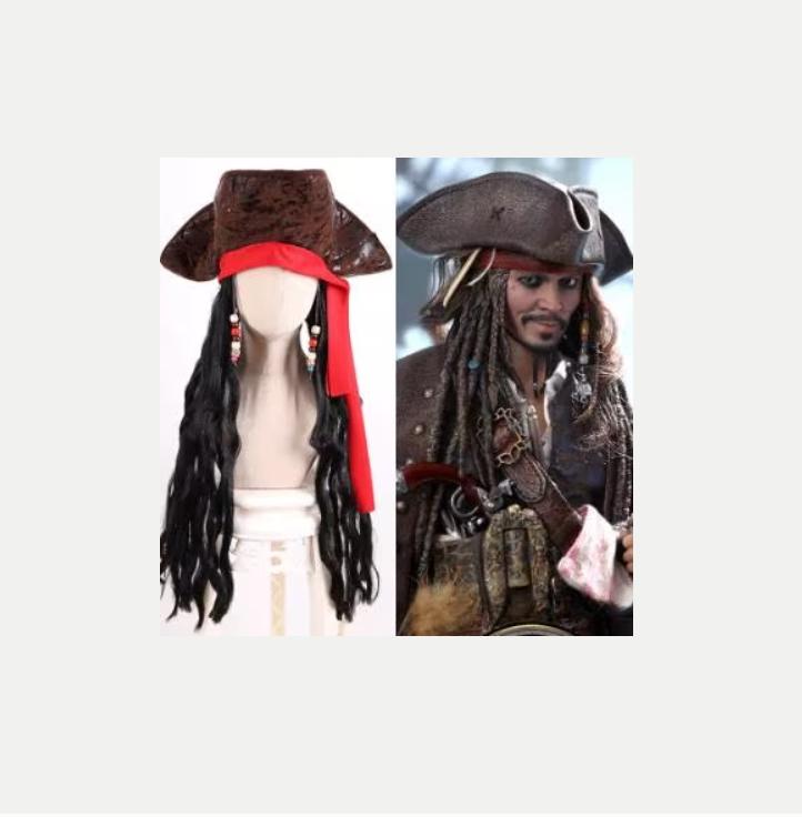 Perruque cosplay de luxe Jack Sparrow avec chapeau et perles