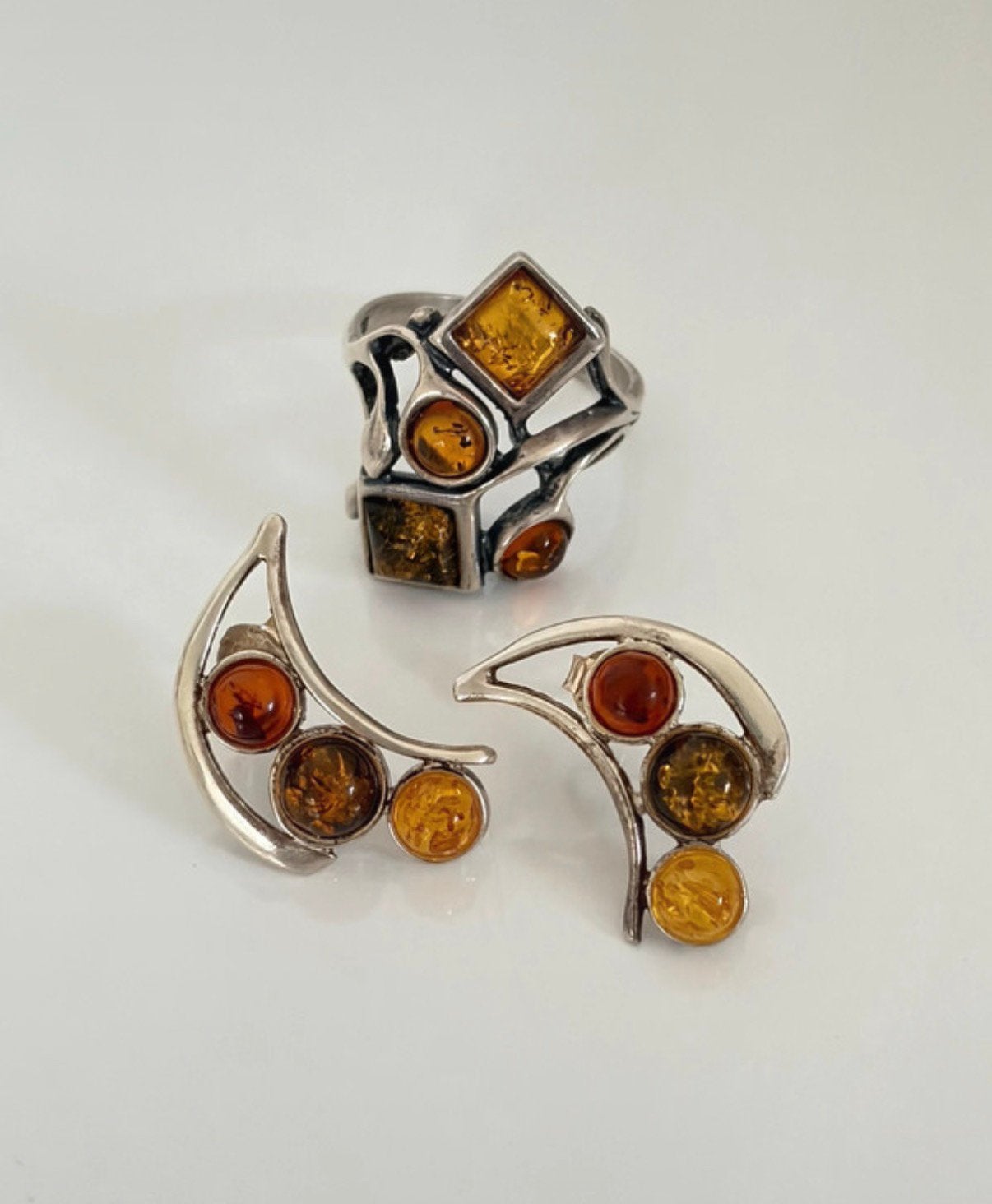 Bague et boucles d'oreilles en argent ambré 925, Enlèvement ou Envoi, Argent