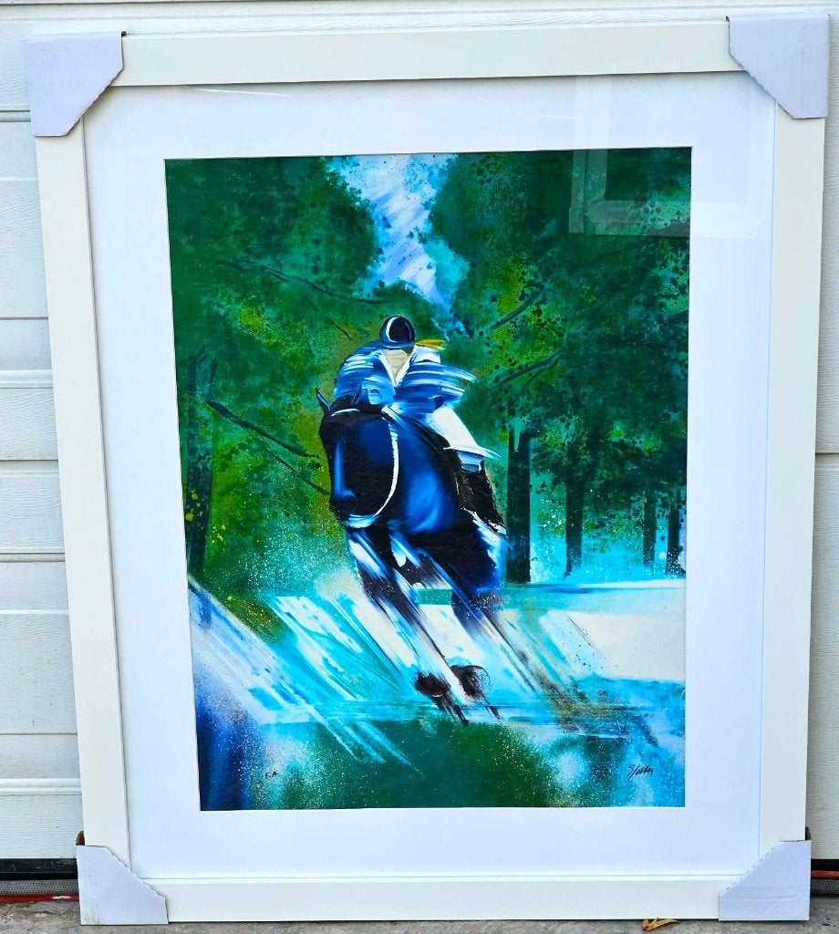 Magnifique peinture originale, cavalier au galop, Antiquités & Art, Enlèvement ou Envoi, Aquarelle, Peint à la main, Animaux