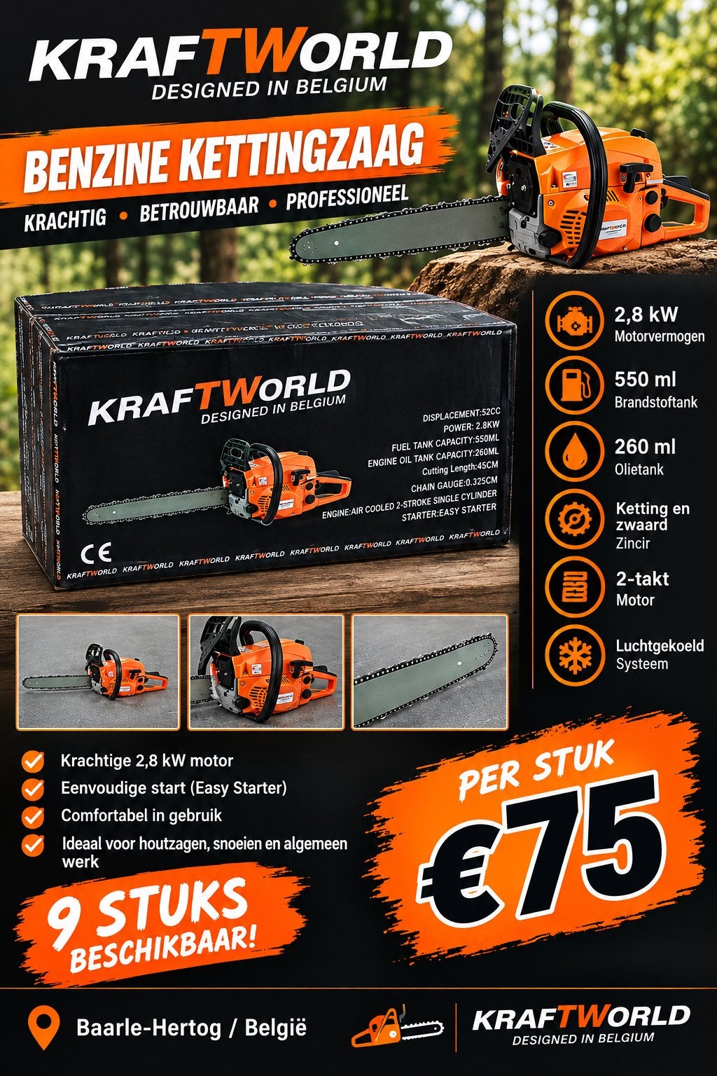 KRAFTWORLD Kettingzaag 2.6kW - Nieuw in doos, Ophalen, Kettingzaag