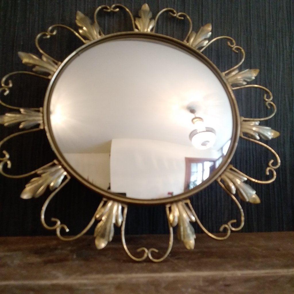 Prachtige grote oude zonnespiegel met bol glas .Deknudt!!, Huis en Inrichting, Woonaccessoires | Spiegels, Ophalen of Verzenden