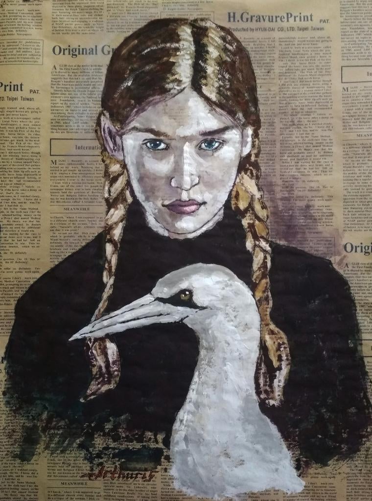 "Meisje en vogel"  Een origineel schilderij, Antiek en Kunst, Kunst | Schilderijen | Modern, Verzenden