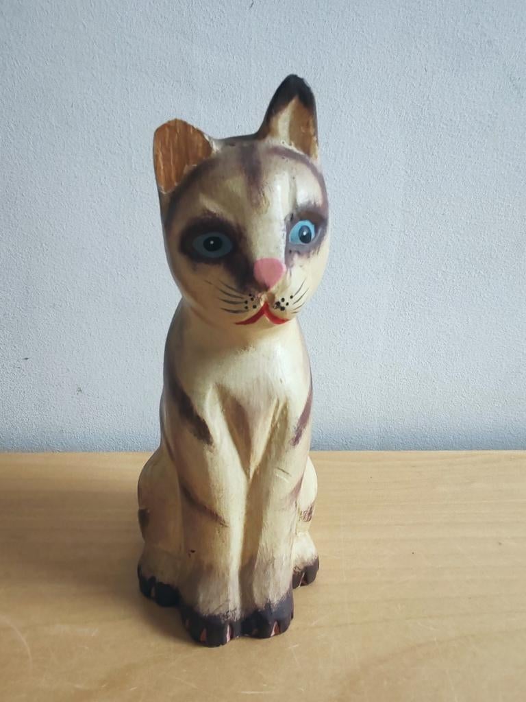 Vintage gesneden houten kattenbeeldje in Siamese stijl 15 cm, Ophalen of Verzenden