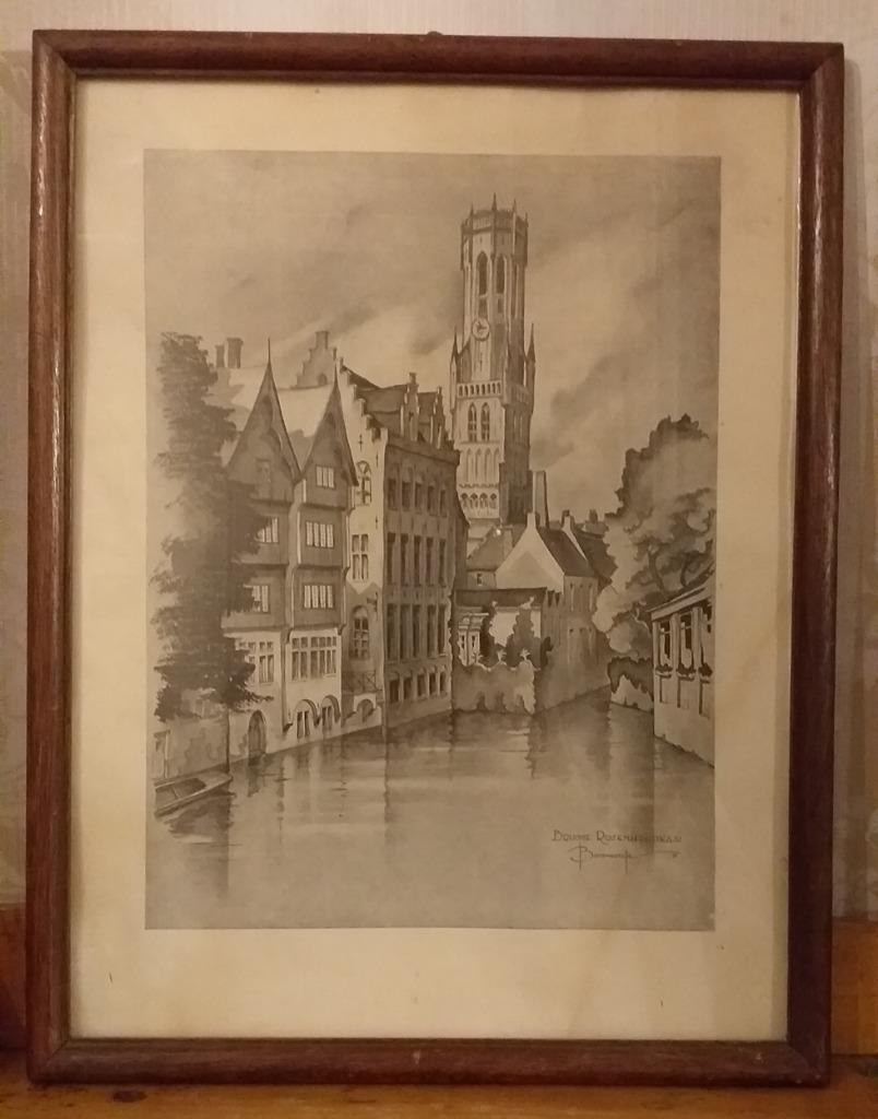 Oscar Bonnevalle -prent Rozenhoedkaai, Brugge (1951), Antiek en Kunst, Ophalen of Verzenden