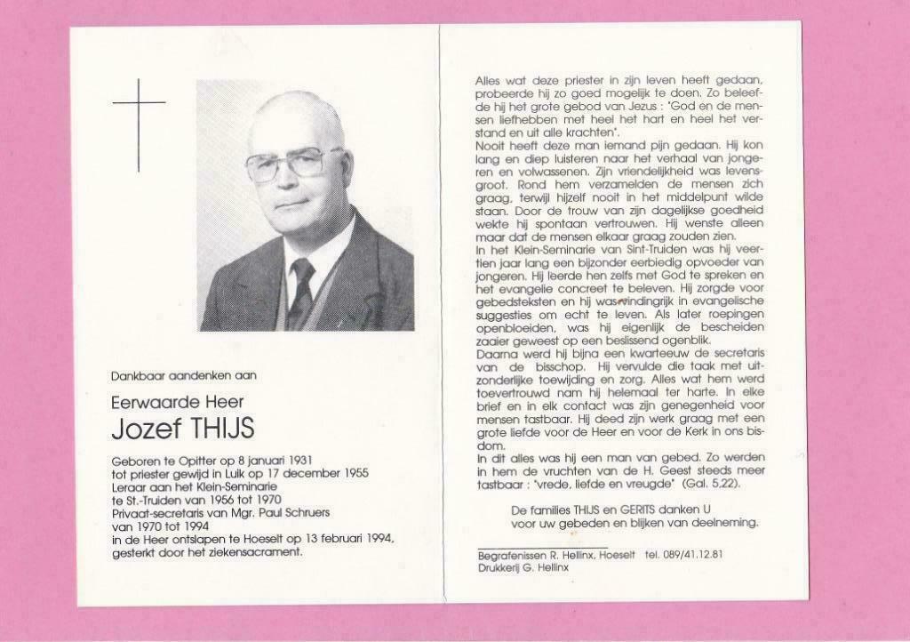 DP Priester Jozef Thijs, Verzenden, Bidprentje