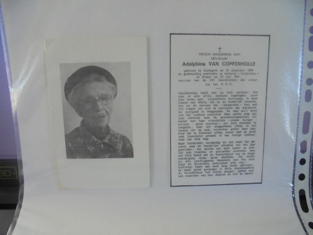 dp 105 jarige - Adolphina Van Coppenholle, Verzamelen, Bidprentjes en Rouwkaarten, Ophalen of Verzenden, Bidprentje