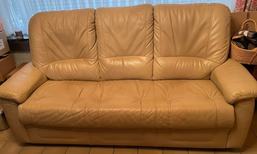 3-zit zetel leder beige créme kleur, Ophalen