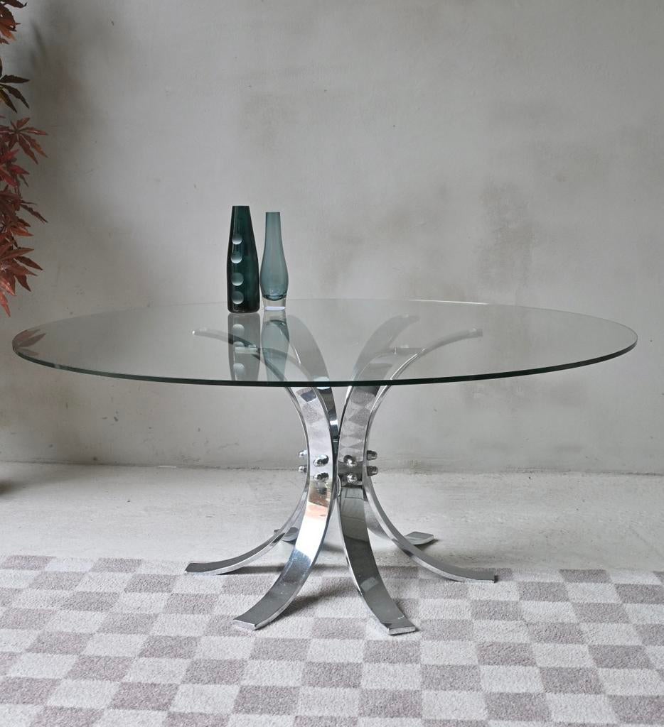 Ronde glazen salontafel met RVS onderstel, Ophalen