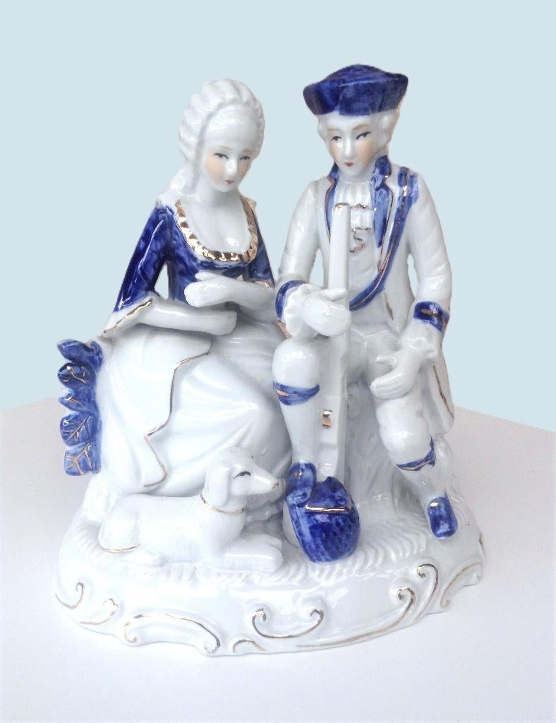 Blauw-wit Victoriaans koppel in porselein 19 cm, Antiek en Kunst, Ophalen of Verzenden