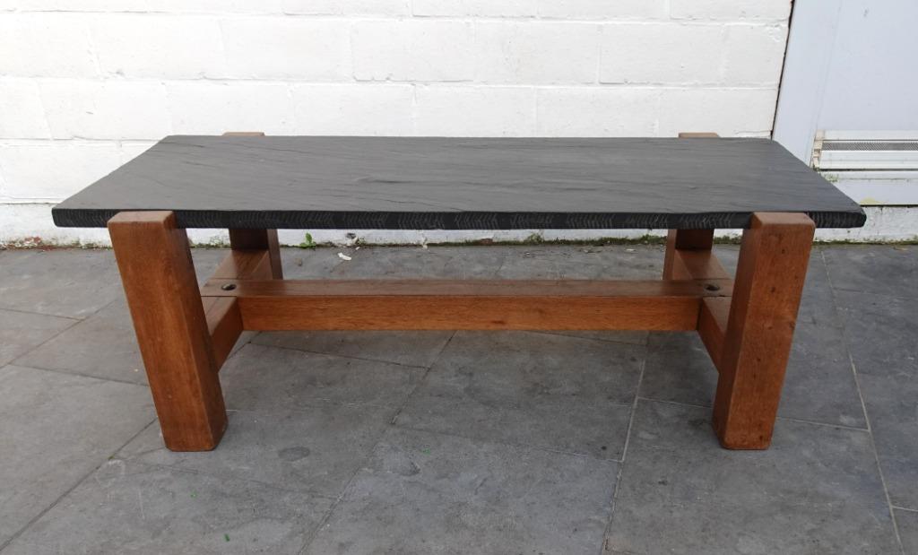 shabby chic brutalist vintage salon tafel leisteen eik, Ophalen