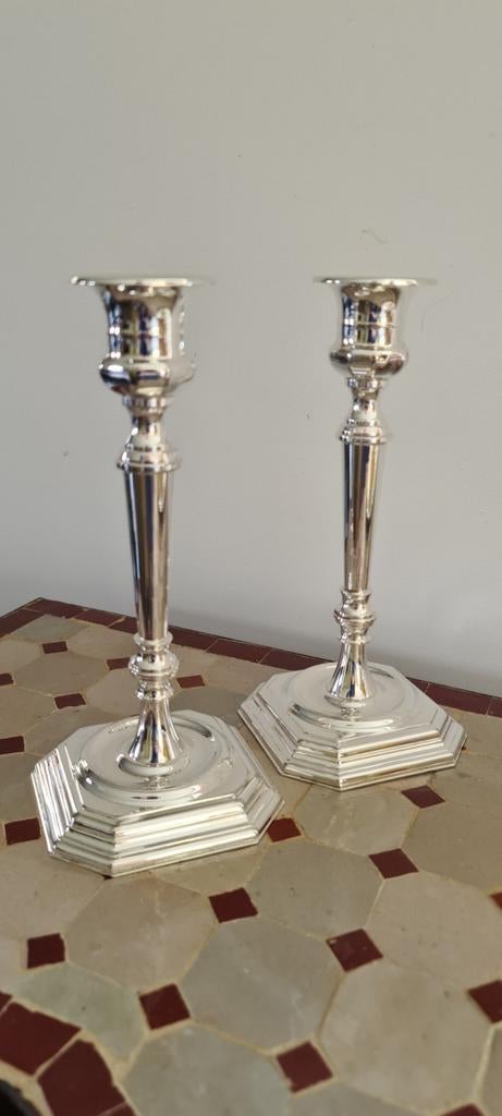 2 vintage verzilverde kandelaars OLRI, Ophalen of Verzenden