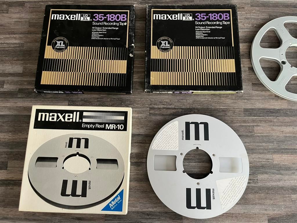 4x Maxell 10” Metal Reel (2 With Tape 35-180B) + 1x plastic, Audio, Tv en Foto, Bandrecorder, Ophalen of Verzenden
