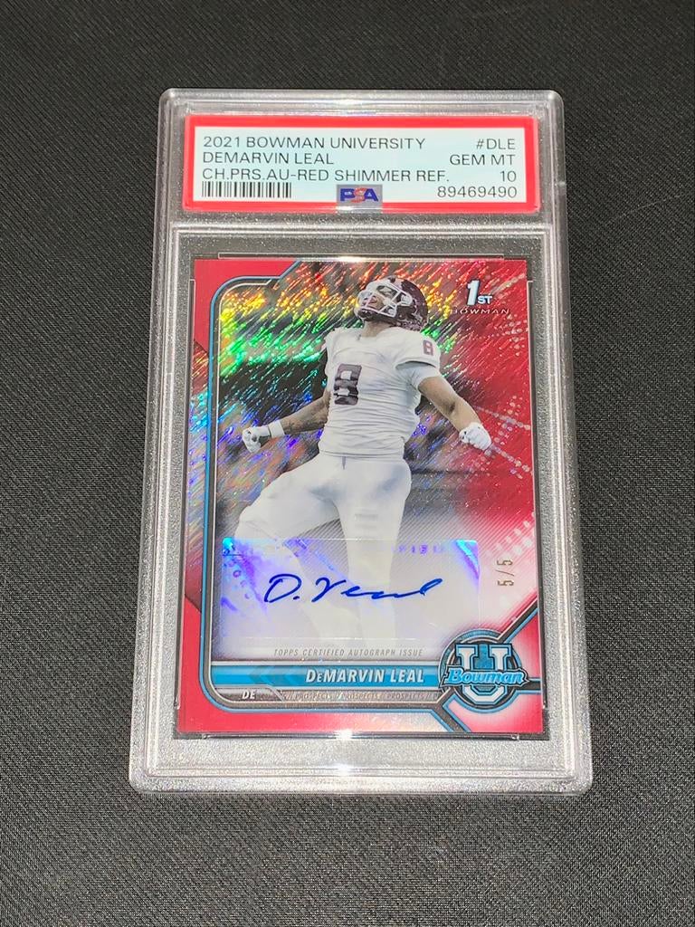 2021 Bowman University Demarvin Leal /5 Autograph PSA 10, Hobby & Loisirs créatifs, Autocollants & Images, Neuf, Image, Enlèvement ou Envoi