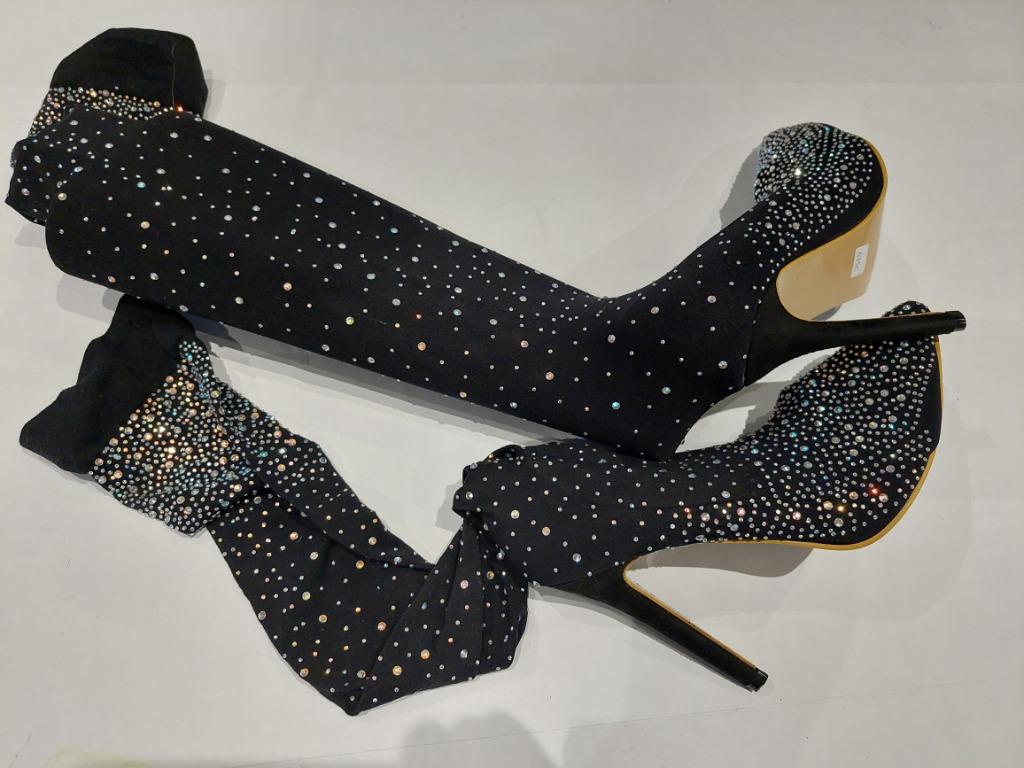 635C* sexy glittersokken tot over de knie (41), Hoge laarzen, Verzenden, Zwart, Nieuw