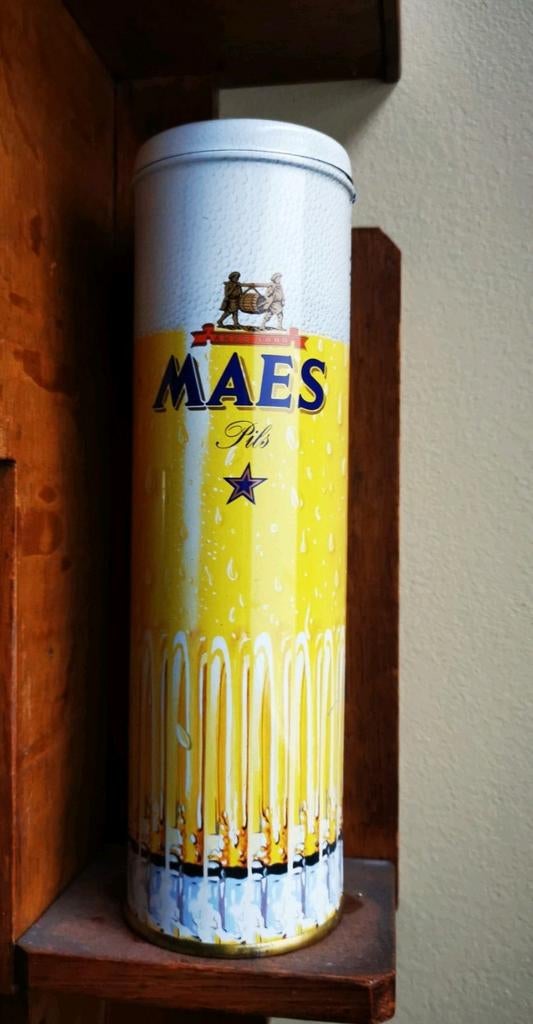 Tube en étain Maes pils pour bouteille avec couvercle, Enlèvement ou Envoi, Comme neuf, Autres types, Autres marques