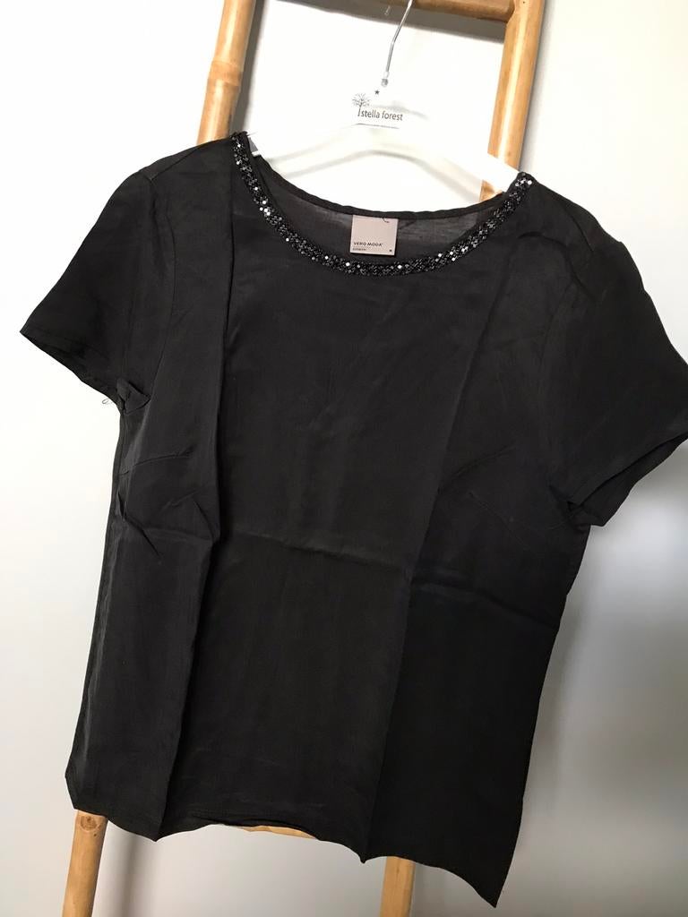 Blouse noire Vero Moda avec perles au col, taille M, Vero Moda, Porté, Taille 38/40 (M), Noir
