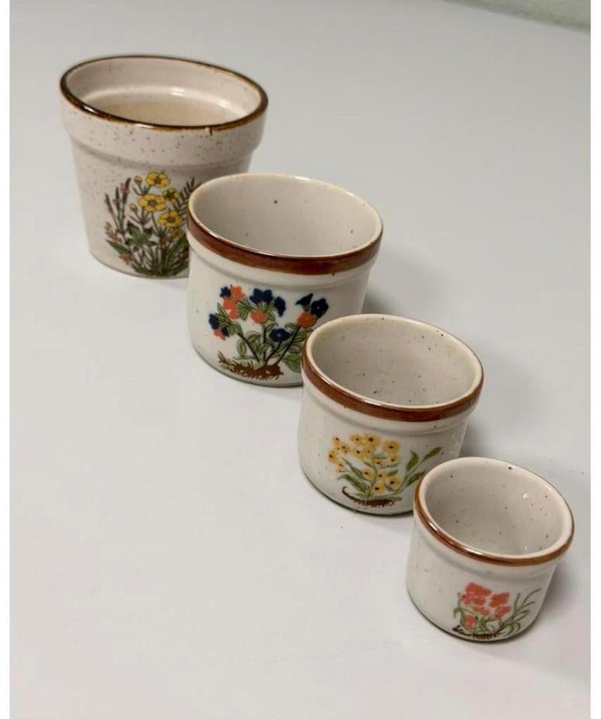 Vintage keramische bloempotjes – set van 4 met bloemenprint, Ophalen of Verzenden